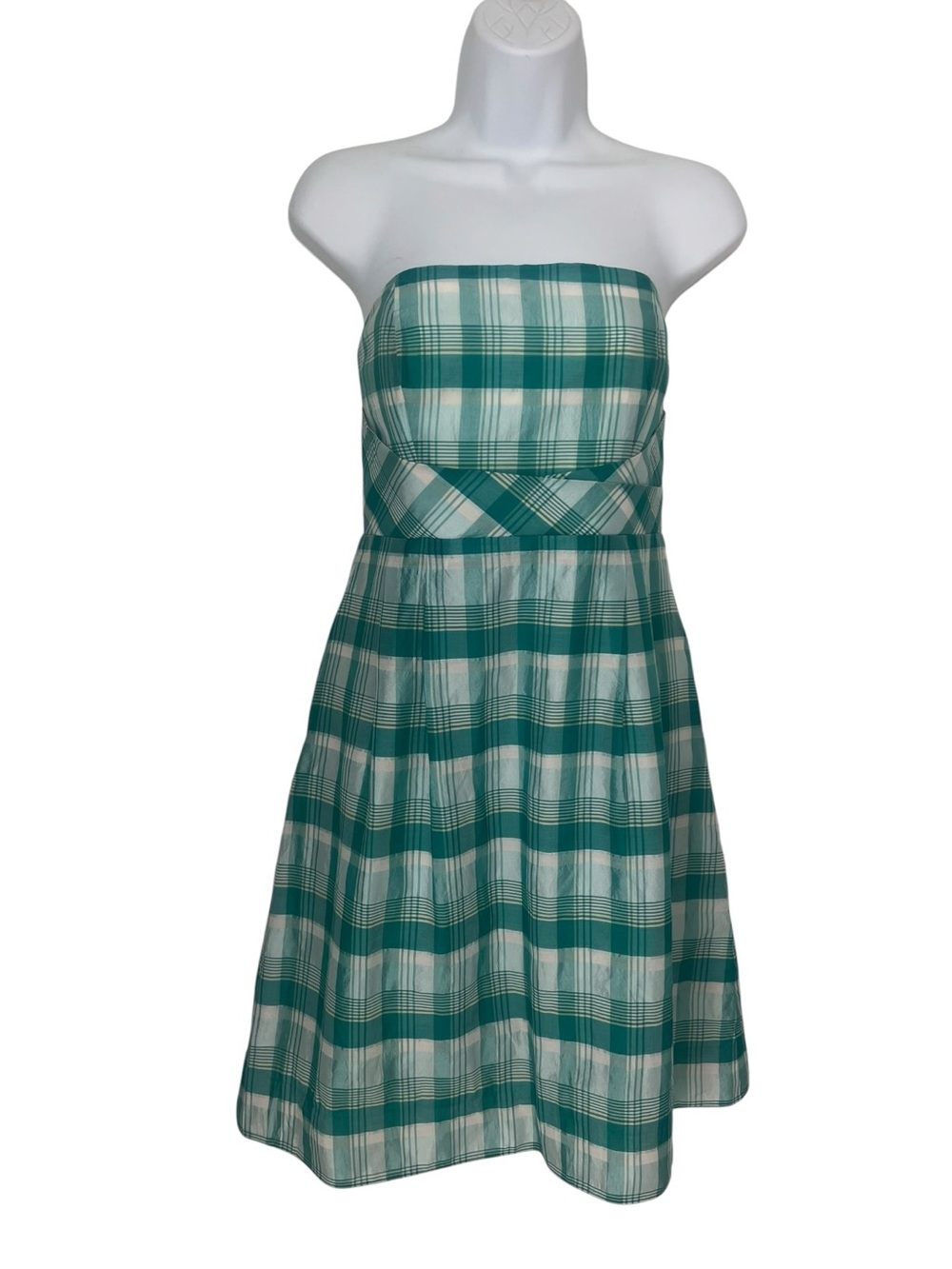 J.Crew Strapless Plaid Green White Silk Blend  Preppy Cottagecore Summer Dress 6